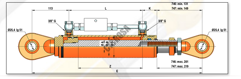 [CIC746AAR] Tercer punto hidráulico CAT-2 40-60/70-200 Rótula roscada de Ø 25 mm y antiretorno
